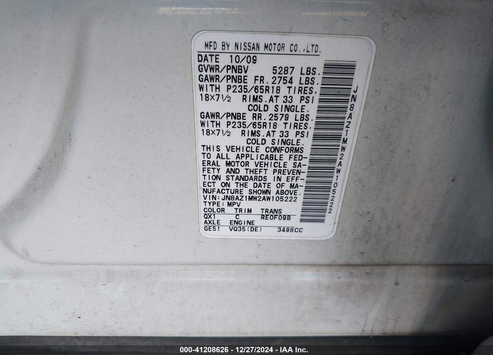 2010 NISSAN MURANO S/SL/LE VIN: JN8AZ1MW2AW105222