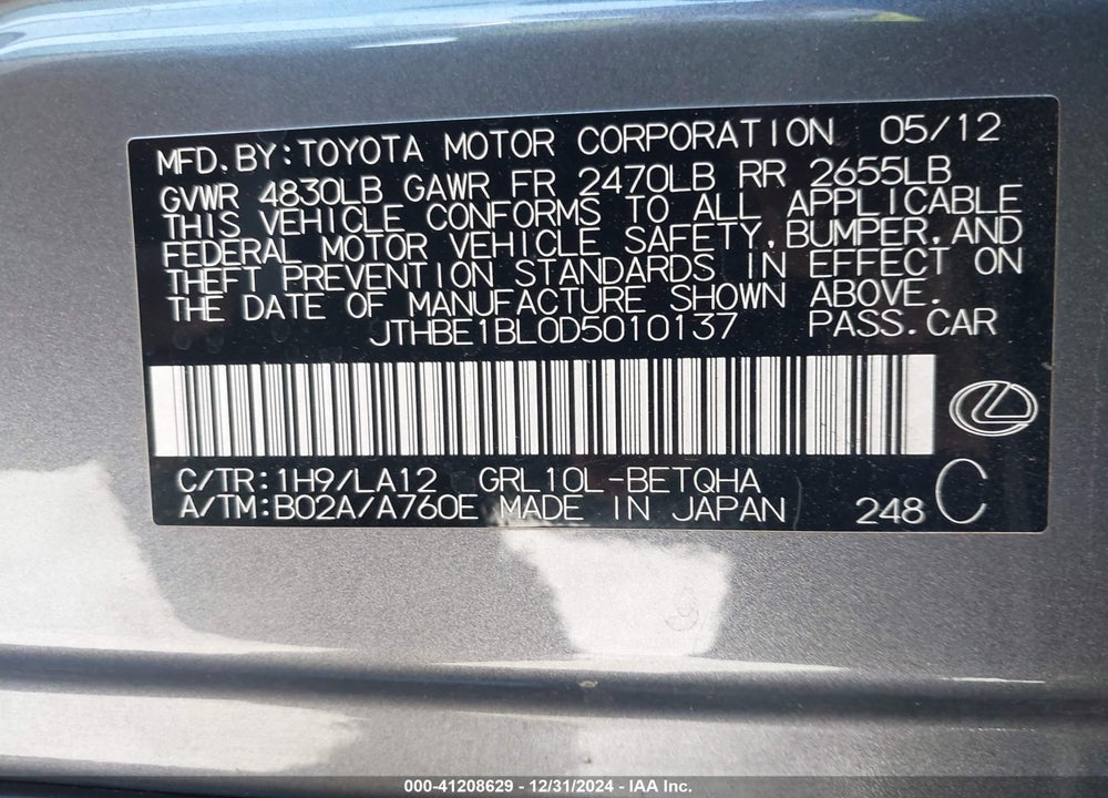 2013 LEXUS GS 350 VIN: JTHBE1BL0D5010137
