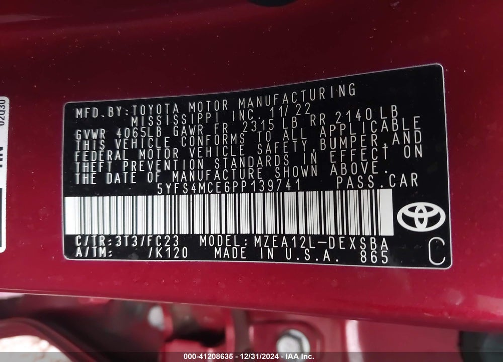 2023 TOYOTA COROLLA VIN: 5YFS4MCE6PP139741