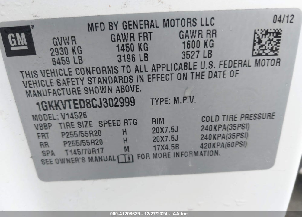 2012 GMC ACADIA DENALI VIN: 1GKKVTED8CJ302999