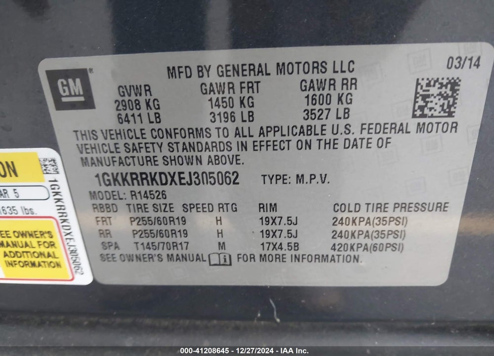 2014 GMC ACADIA SLT-1 VIN: 1GKKRRKDXEJ305062