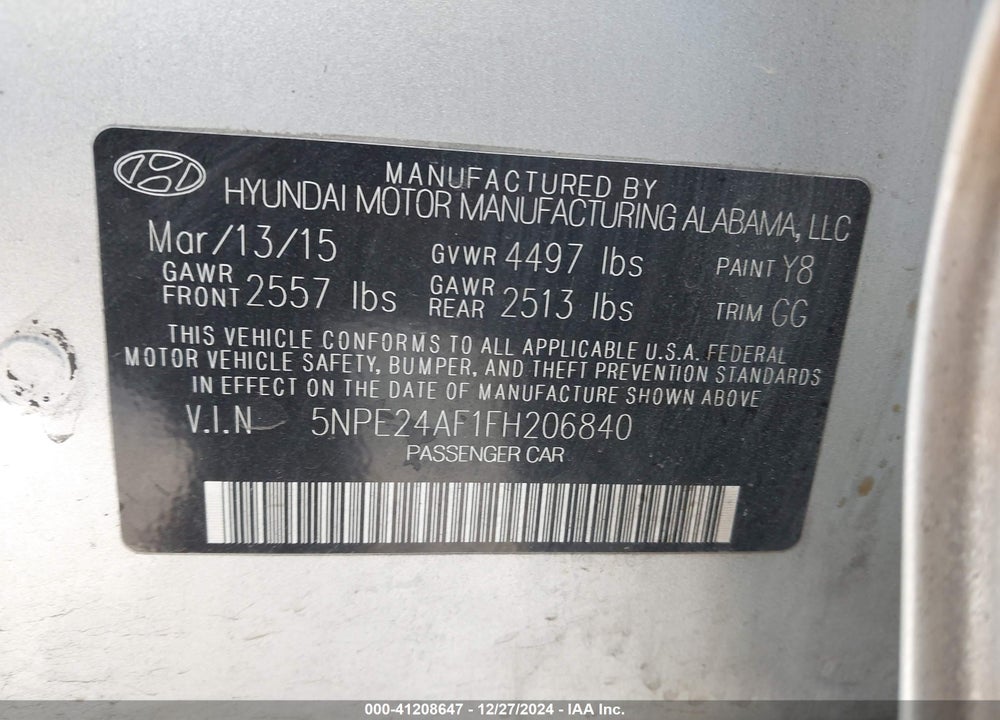 2015 HYUNDAI SONATA VIN: 5NPE24AF1FH206840
