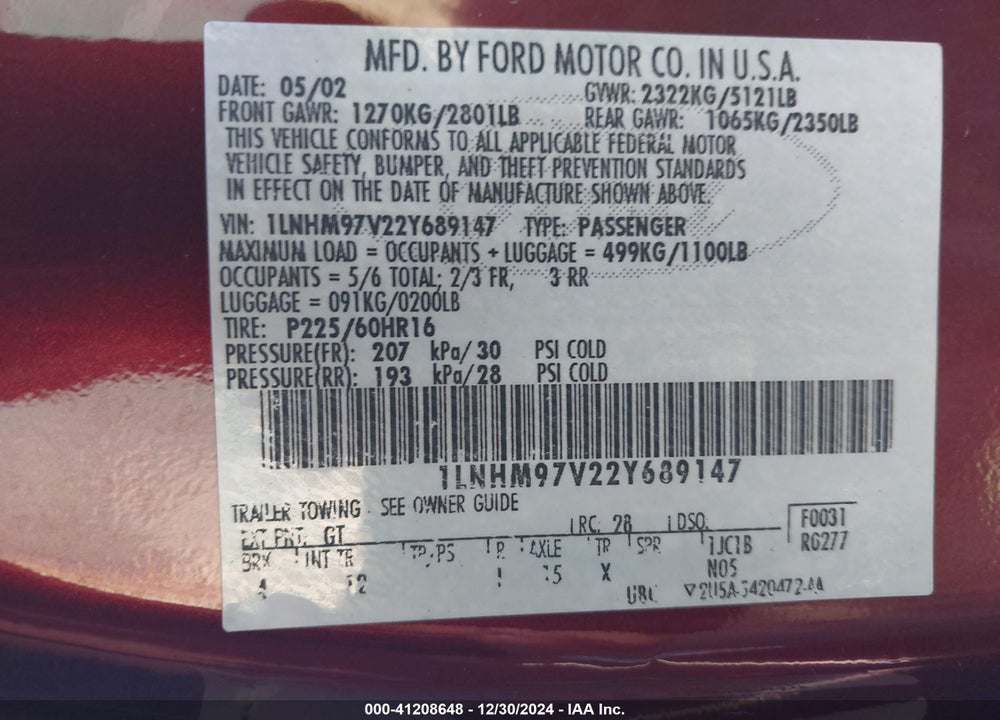 2002 LINCOLN CONTINENTAL VIN: 1LNHM97V22Y689147