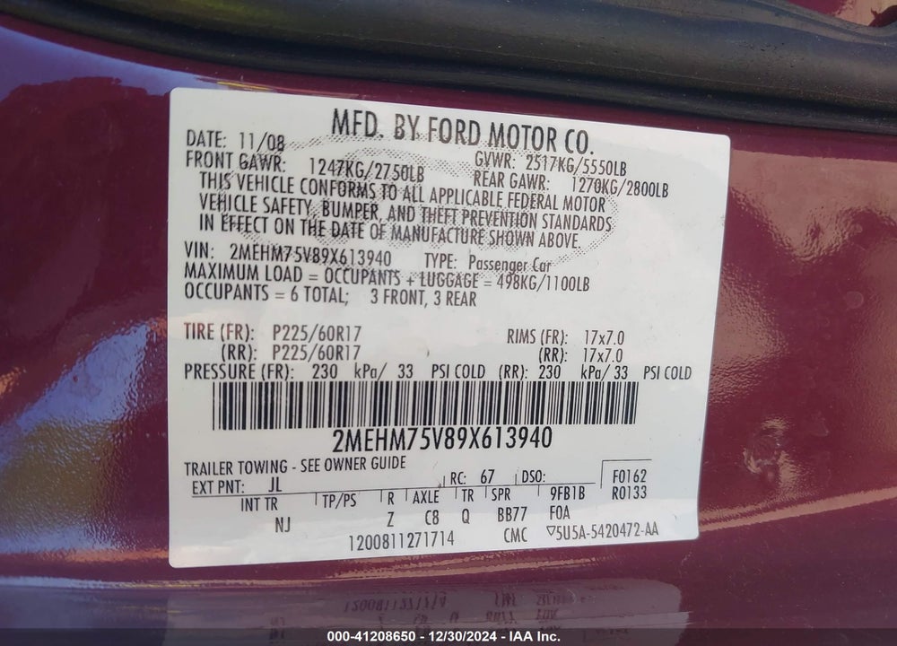 2009 MERCURY GRAND MARQUIS VIN: 2MEHM75V89X613940