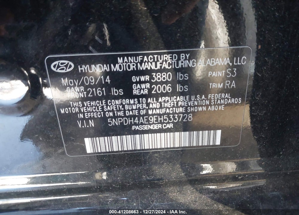 2014 HYUNDAI ELANTRA SE VIN: 5NPDH4AE9EH533728