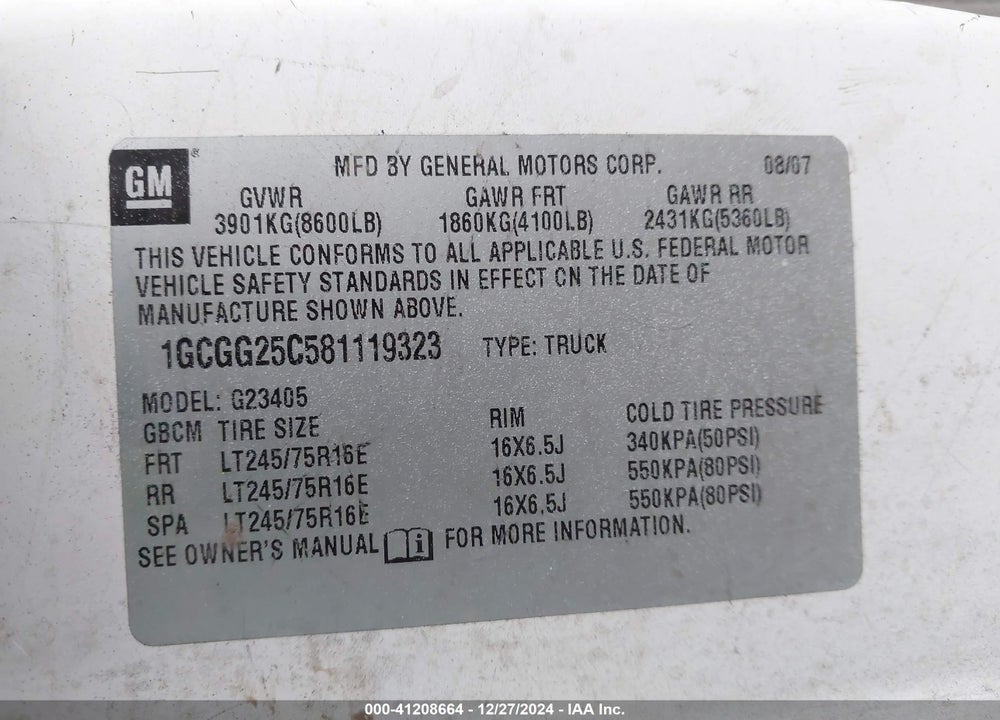 2008 CHEVROLET EXPRESS WORK VAN VIN: 1GCGG25C581119323
