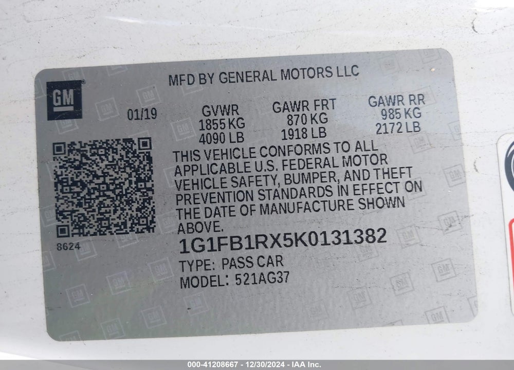 2019 CHEVROLET CAMARO VIN: 1G1FB1RX5K0131382
