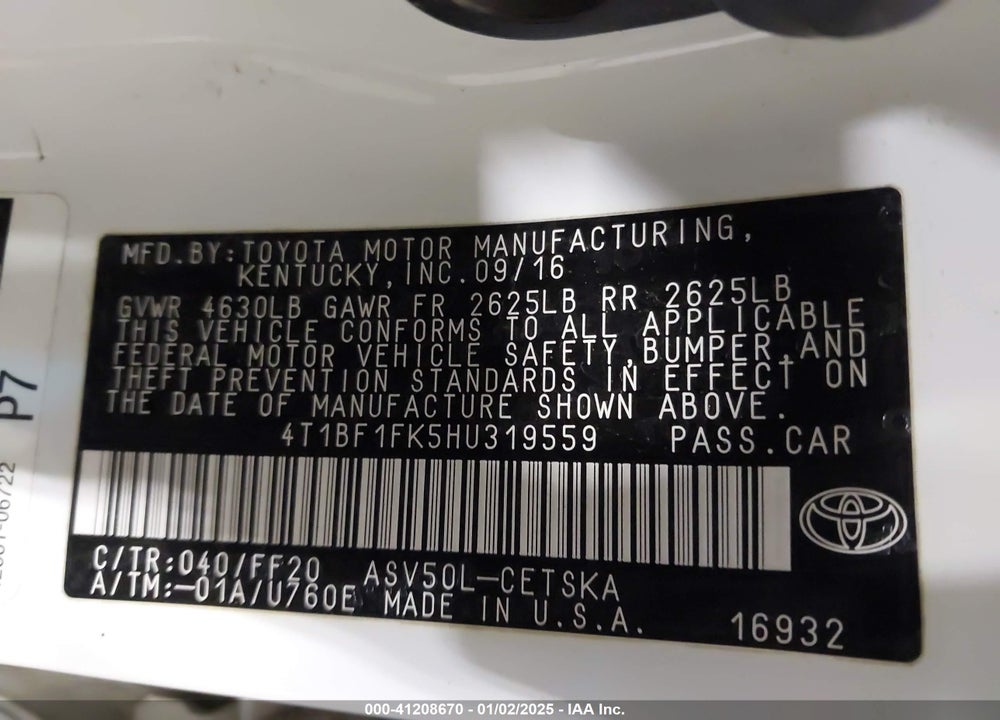 2017 TOYOTA CAMRY LE/XLE/SE/XSE VIN: 4T1BF1FK5HU319559