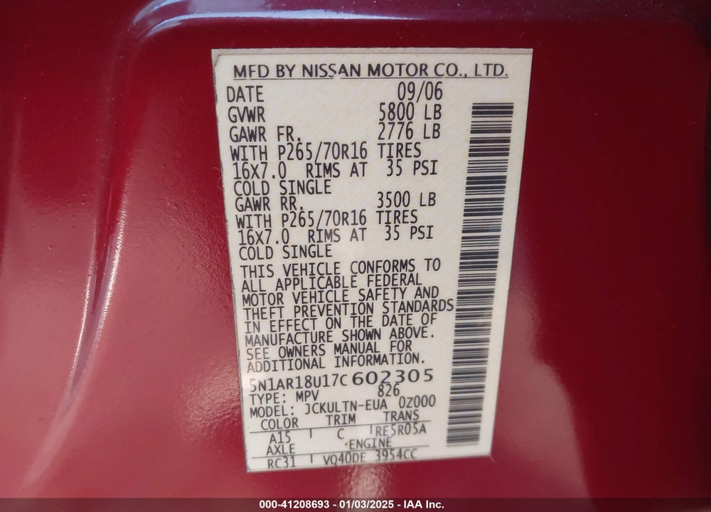 2007 NISSAN PATHFINDER SE VIN: 5N1AR18U17C602305
