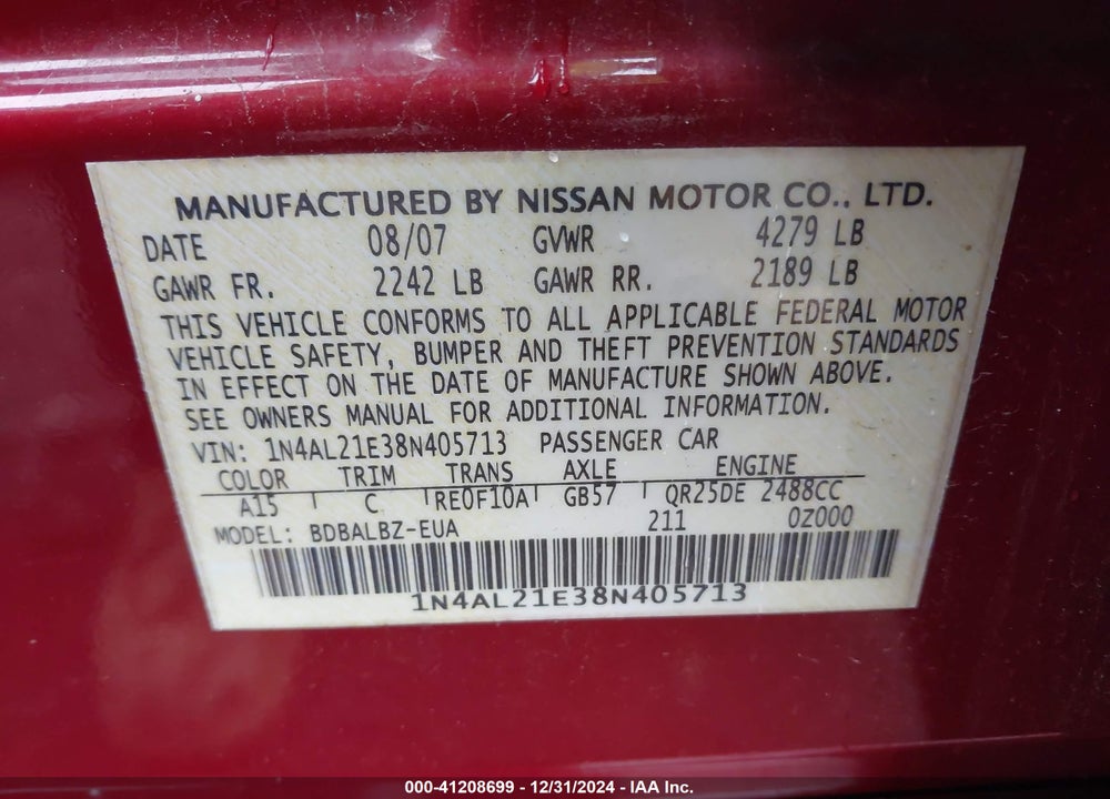 2008 NISSAN ALTIMA 2.5 S VIN: 1N4AL21E38N405713