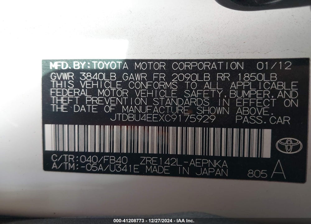 2012 TOYOTA COROLLA S/LE VIN: JTDBU4EEXC9175929