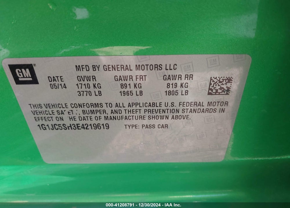 2014 CHEVROLET SONIC LT VIN: 1G1JC5SH3E4219619