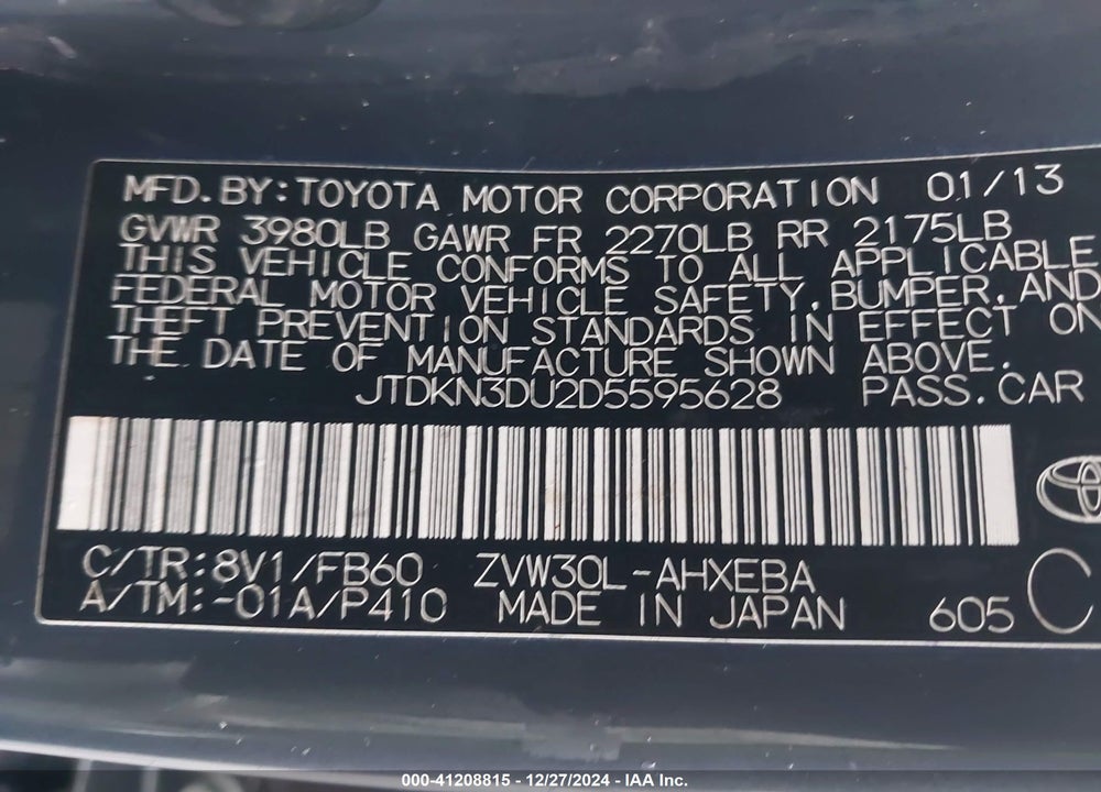 2013 TOYOTA PRIUS VIN: JTDKN3DU2D5595628