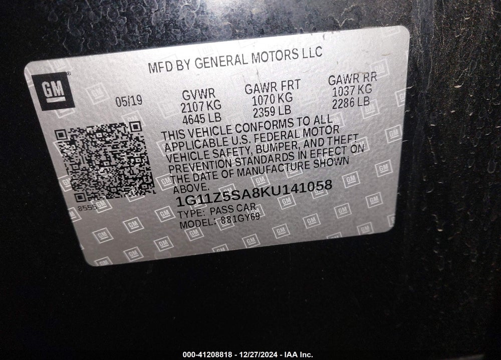2019 CHEVROLET IMPALA VIN: 1G11Z5SA8KU141058