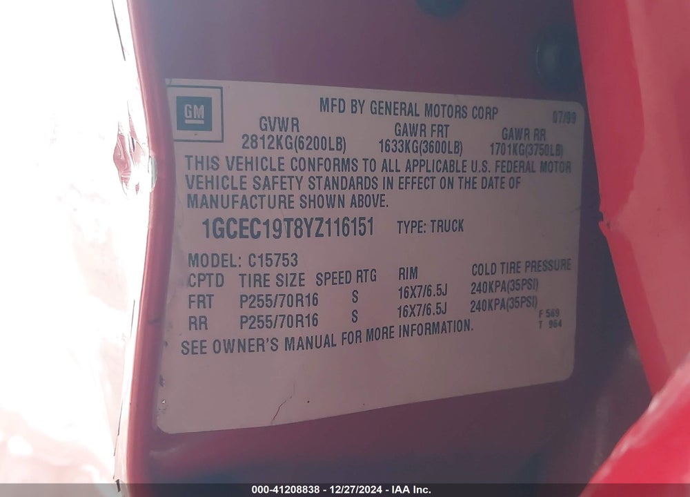 2000 CHEVROLET SILVERADO C1500 VIN: 1GCEC19T8YZ116151