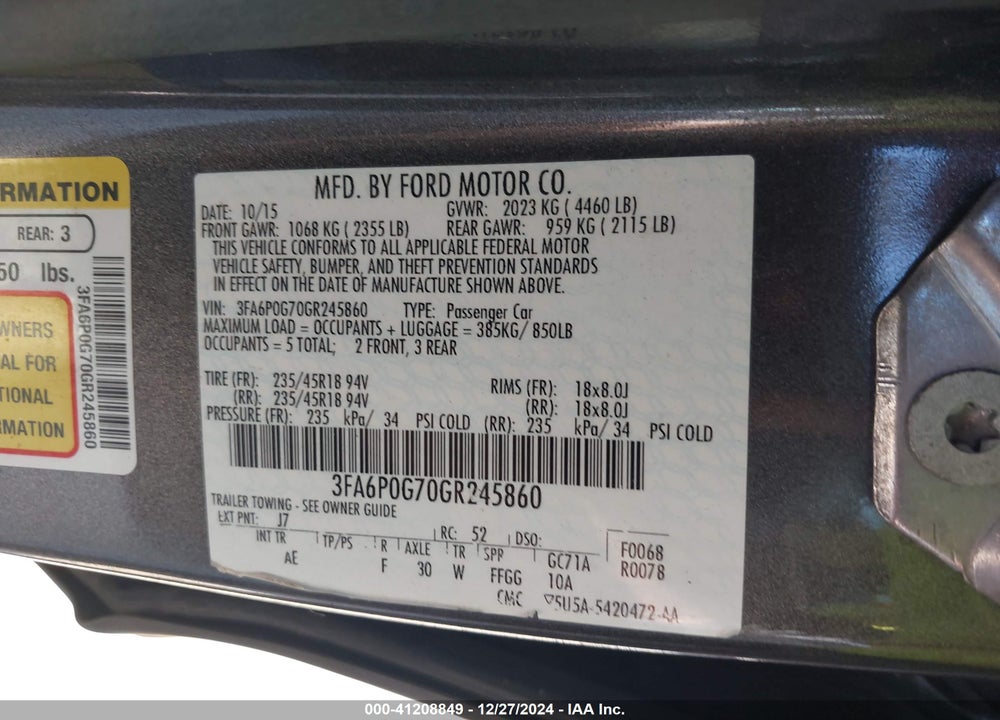 2016 FORD FUSION S VIN: 3FA6P0G70GR245860