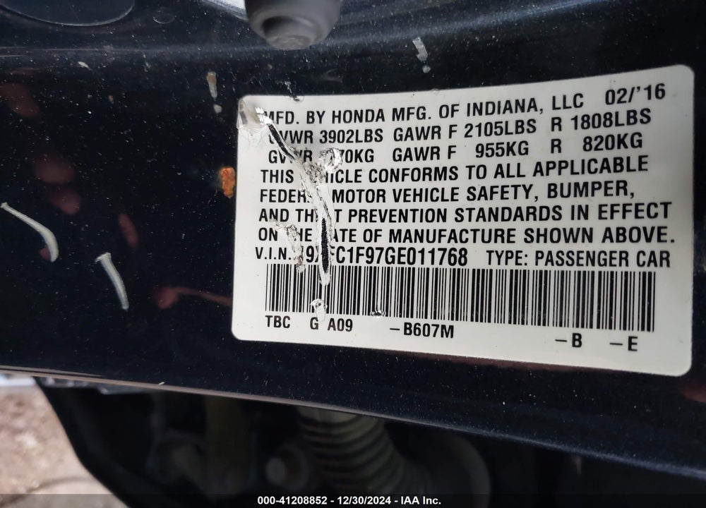 2016 HONDA CIVIC VIN: 19XFC1F97GE011768