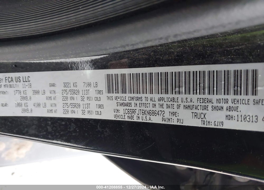 2019 RAM 1500 LAIE VIN: 1C6SRFJT6KN686472