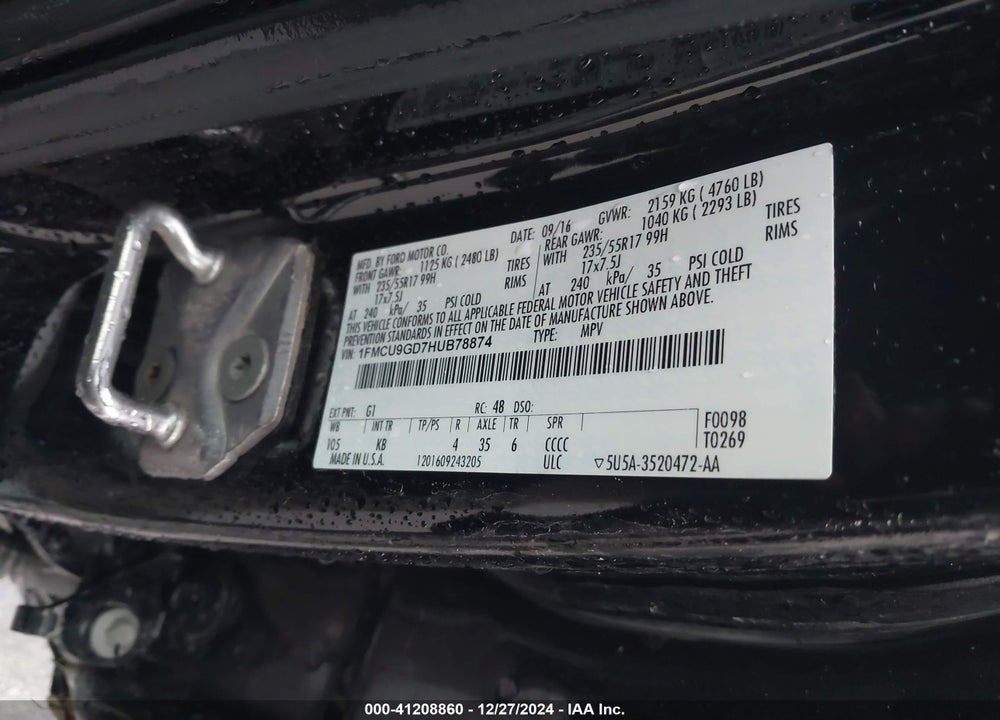 2017 FORD ESCAPE SE VIN: 1FMCU9GD7HUB78874