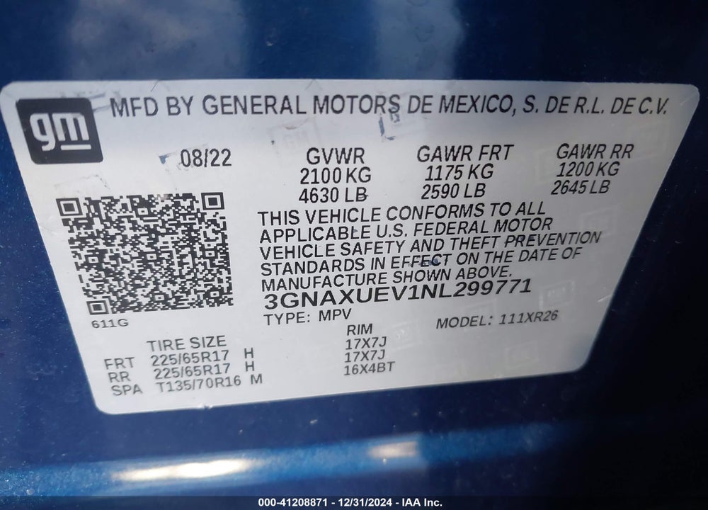 2022 CHEVROLET EQUINOX LT VIN: 3GNAXUEV1NL299771