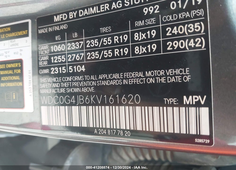 2019 MERCEDES-BENZ GLC 300 VIN: WDC0G4JB6KV161620