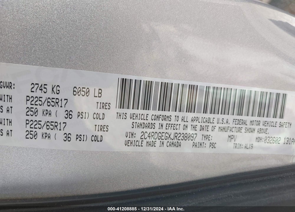 2018 DODGE GRAND CARAVAN GT VIN: 2C4RDGEGXJR238097