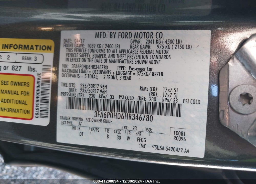 2017 FORD FUSION SE VIN: 3FA6P0HD6HR346780