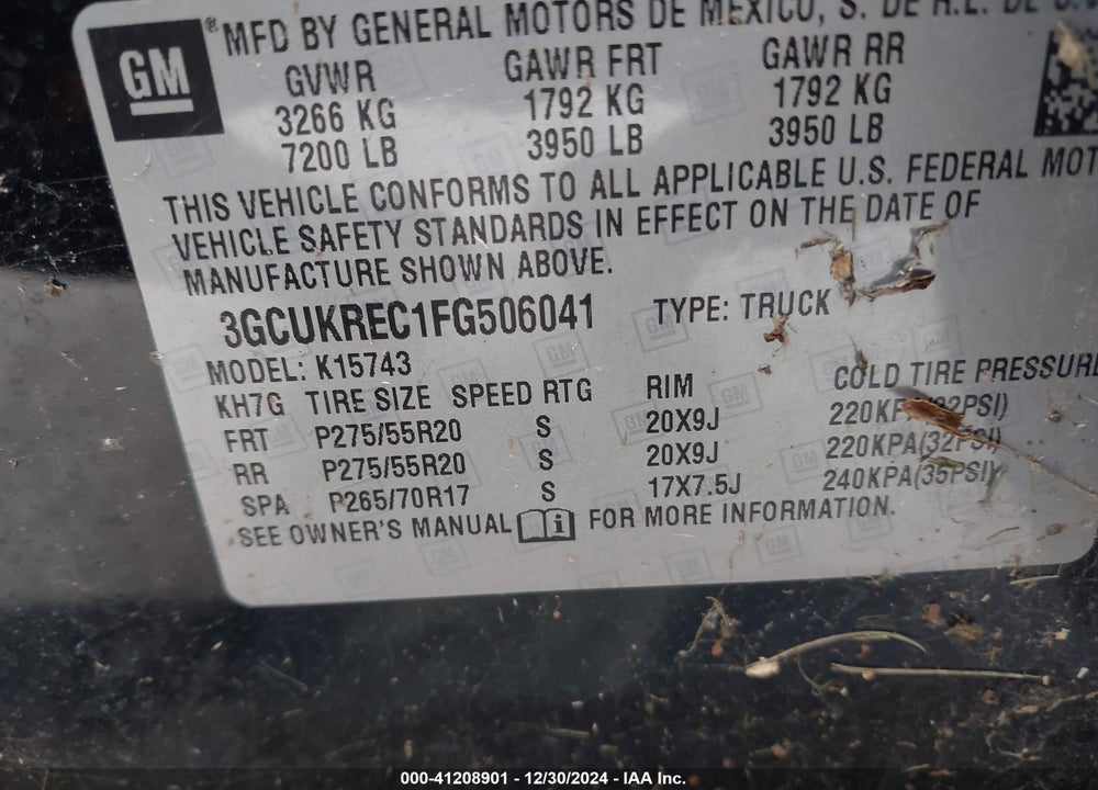 2015 CHEVROLET SILVERADO 1500 VIN: 3GCUKREC1FG506041