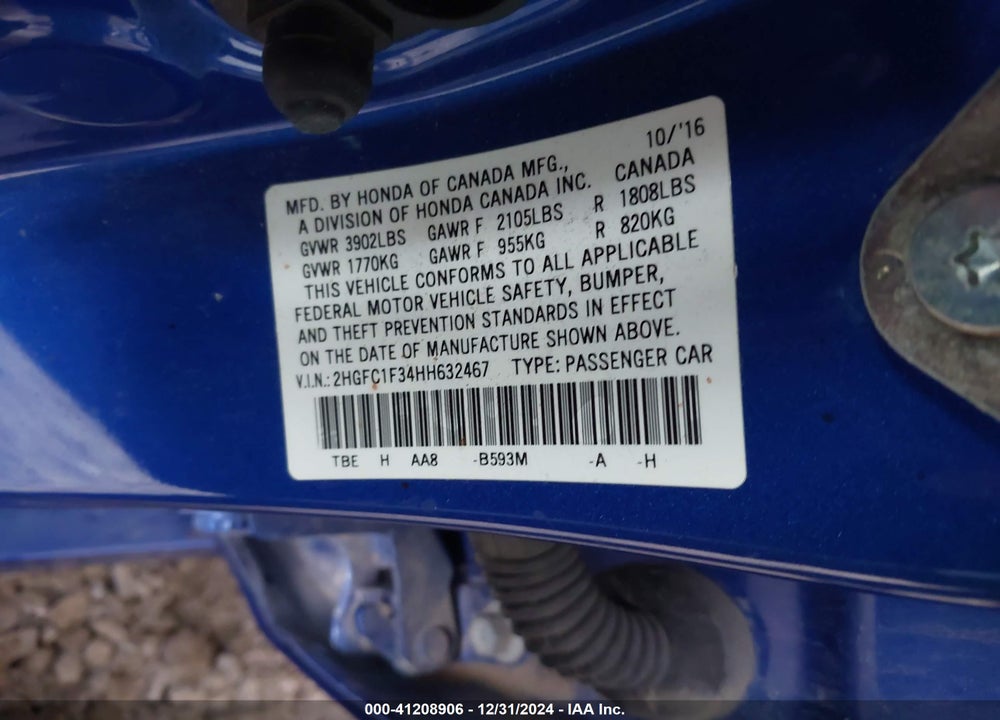 2017 HONDA CIVIC VIN: 2HGFC1F34HH632467