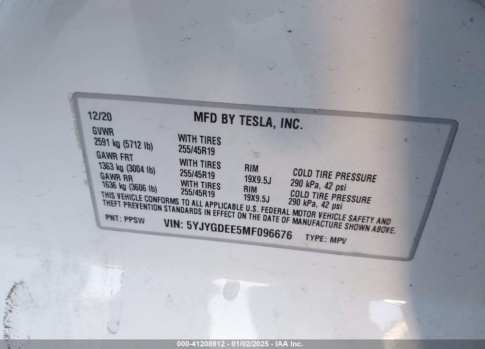 2021 TESLA MODEL Y LONG RANGE DUAL MOTOR ALL-WHEEL DRIVE VIN: 5YJYGDEE5MF096676