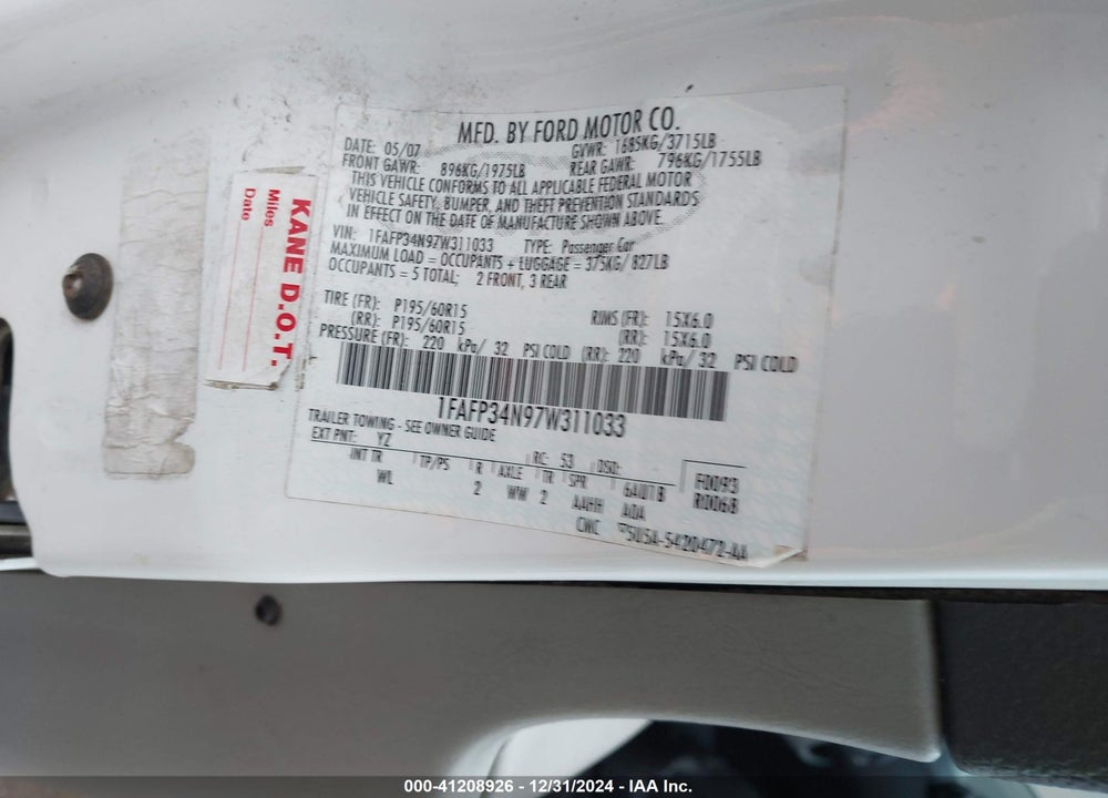 2007 FORD FOCUS ZX4/S/SE/SES VIN: 1FAFP34N97W311033