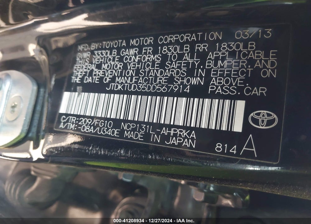 2013 TOYOTA YARIS VIN: JTDKTUD35DD567914