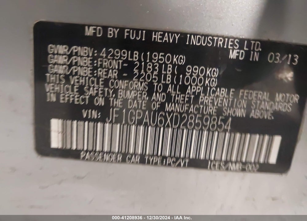 2013 SUBARU IMPREZA VIN: JF1GPAU6XD2859854