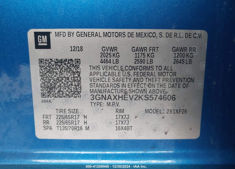 2019 CHEVROLET EQUINOX LS VIN: 3GNAXHEV2KS574606