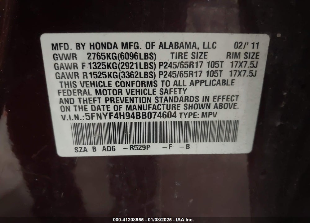 2011 HONDA PILOT TOURING VIN: 5FNYF4H94BB074604