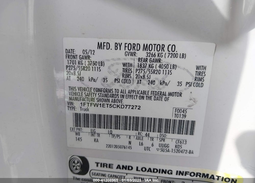 2012 FORD F150 SUPERCREW VIN: 1FTFW1ET5CKD77272