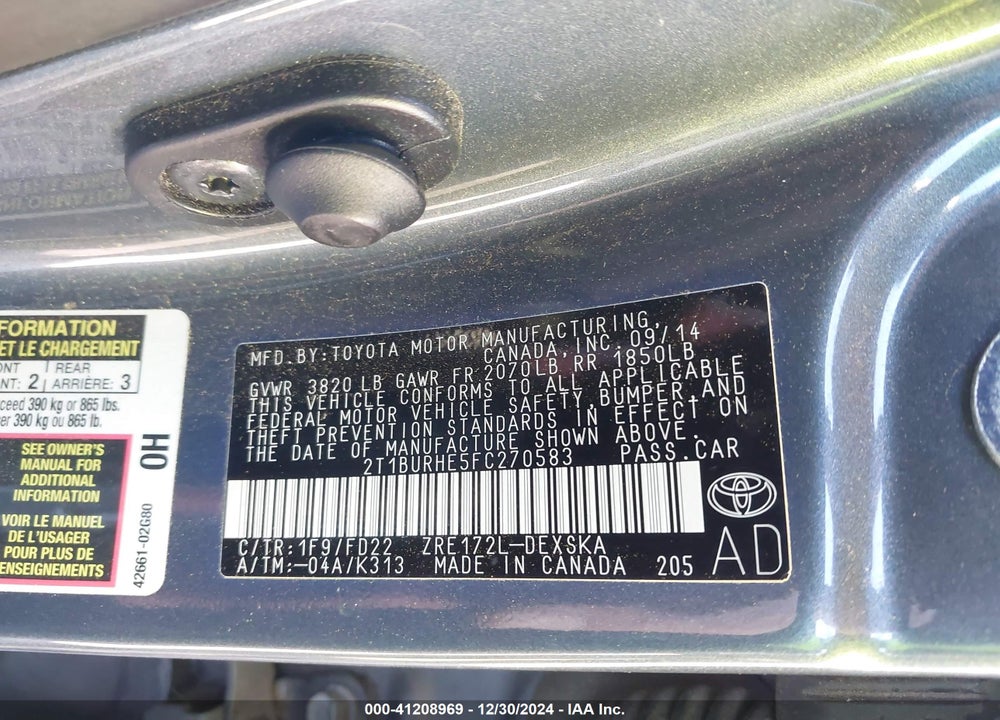 2015 TOYOTA COROLLA L/LE/LE PLS/PRM/S/S PLS VIN: 2T1BURHE5FC270583