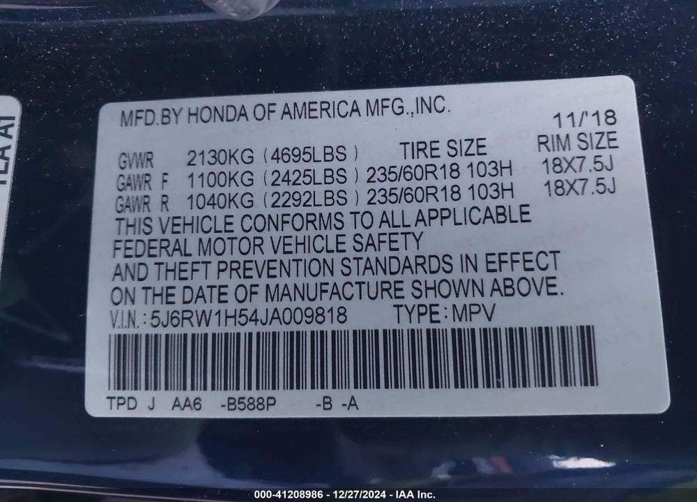 2018 HONDA CR-V EX VIN: 5J6RW1H54JA009818