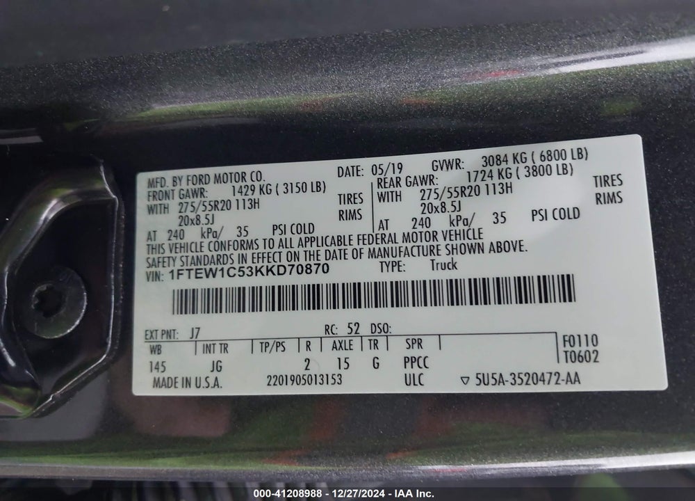 2019 FORD F150 SUPERCREW VIN: 1FTEW1C53KKD70870