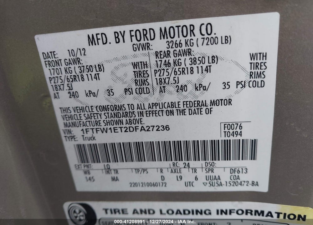 2013 FORD F150 SUPERCREW VIN: 1FTFW1ET2DFA27236