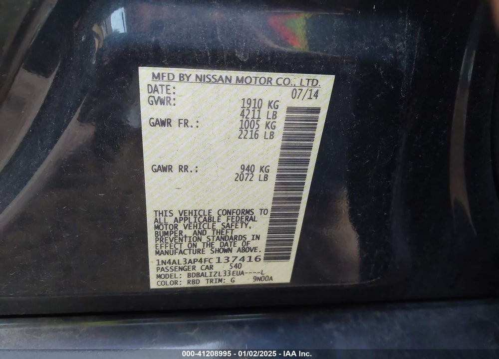 2015 NISSAN ALTIMA VIN: 1N4AL3AP4FC137416
