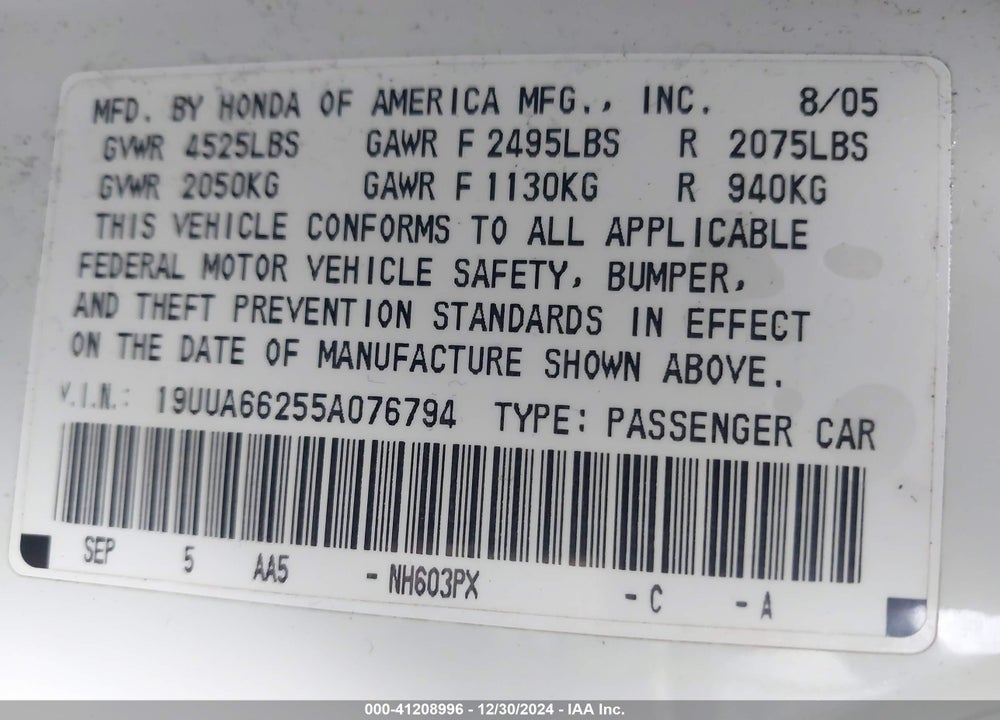 2005 ACURA TL VIN: 19UUA66255A076794