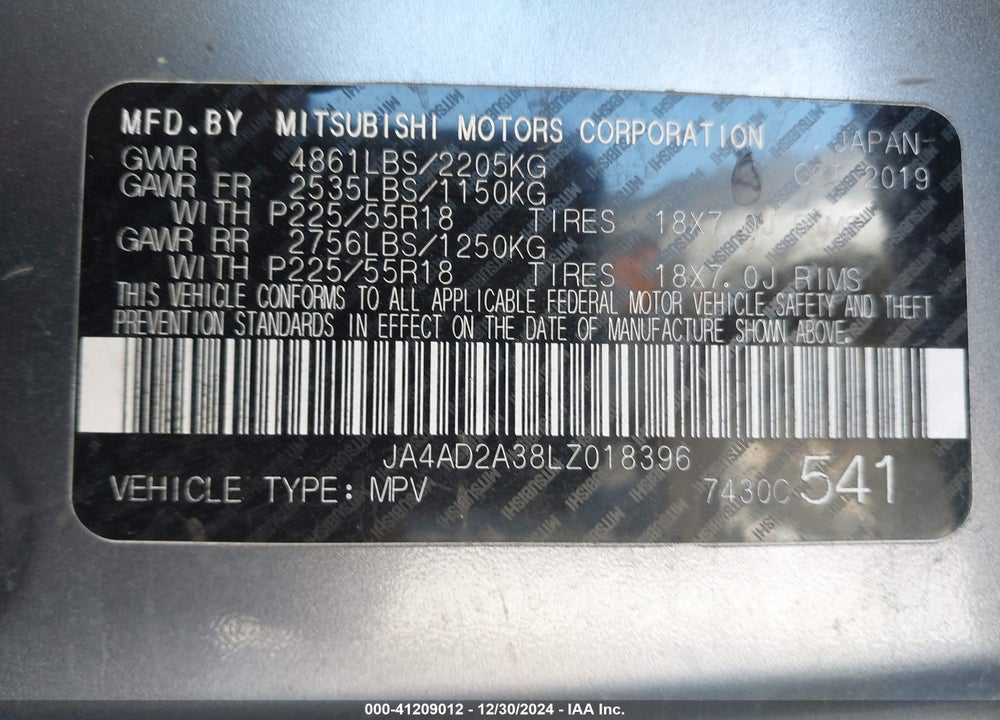 2020 MITSUBISHI OUTLANDER ES VIN: JA4AD2A38LZ018396