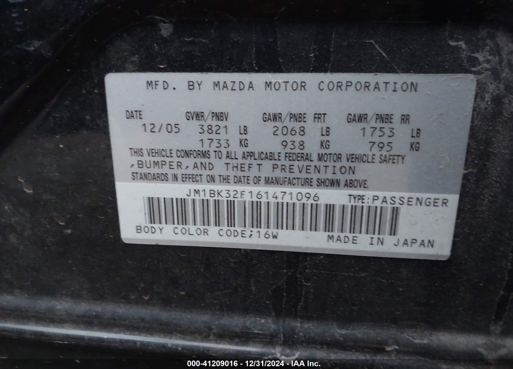 2006 MAZDA 3 I VIN: JM1BK32F161471096