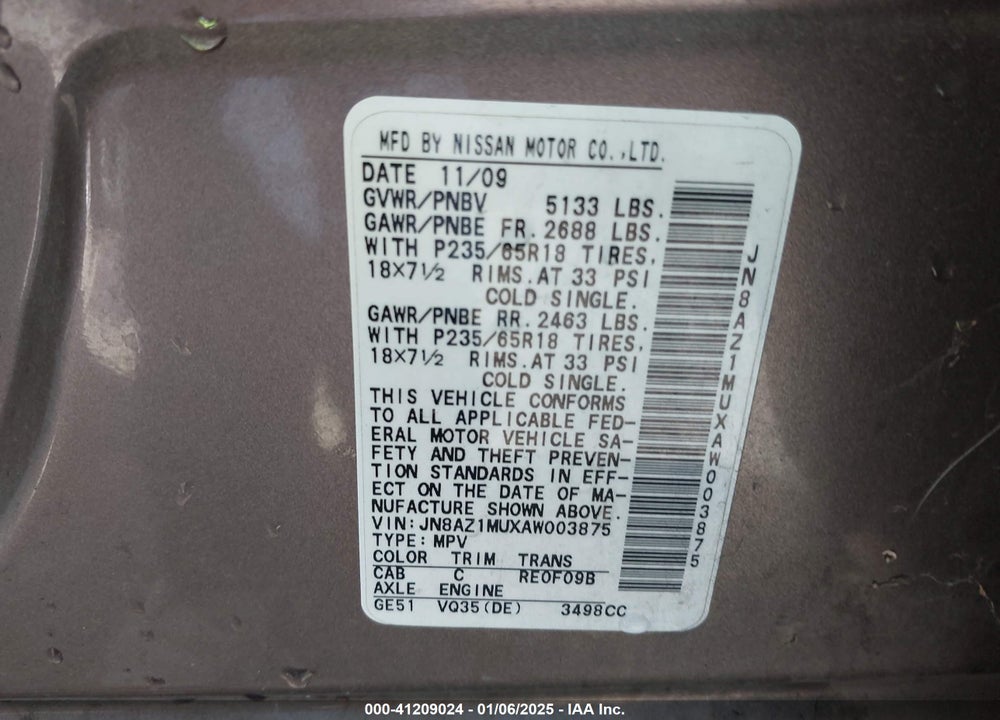 2010 NISSAN MURANO S/SL/LE VIN: JN8AZ1MUXAW003875