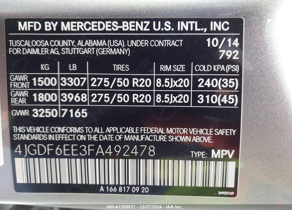 2015 MERCEDES-BENZ GL 450 4MATIC VIN: 4JGDF6EE3FA492478