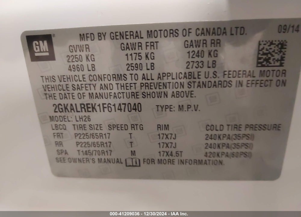 2015 GMC TERRAIN SLE-2 VIN: 2GKALREK1F6147040
