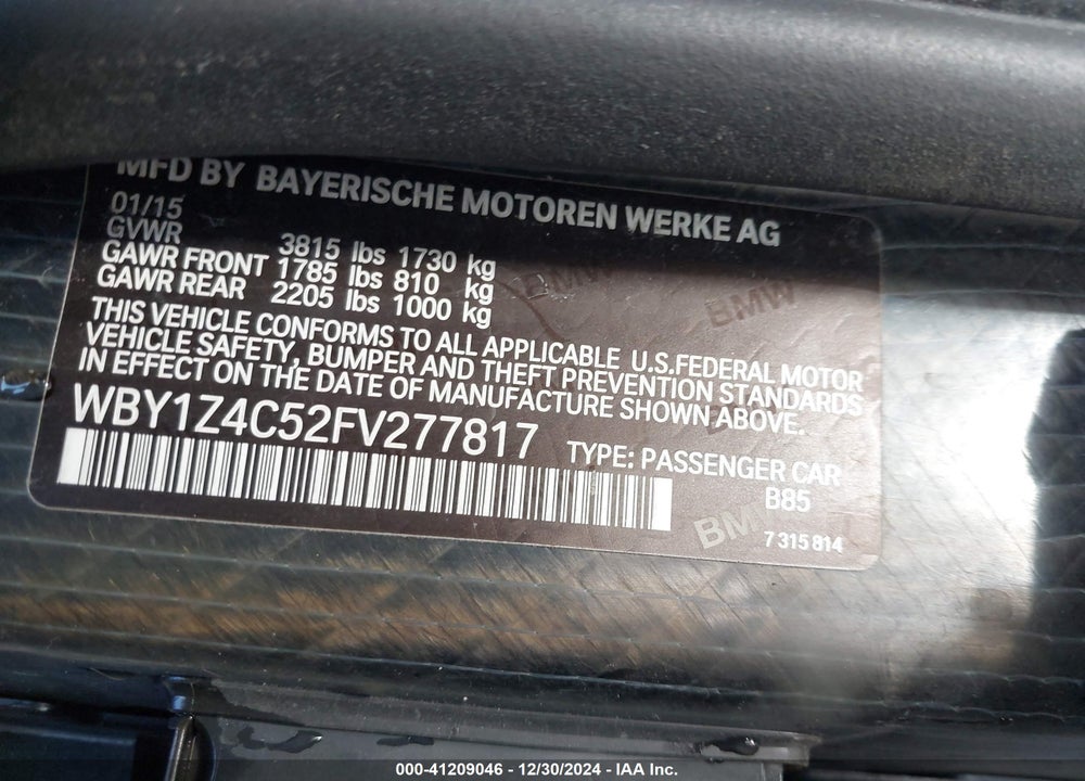 2015 BMW I3 BASE W/RANGE EXTENDER VIN: WBY1Z4C52FV277817