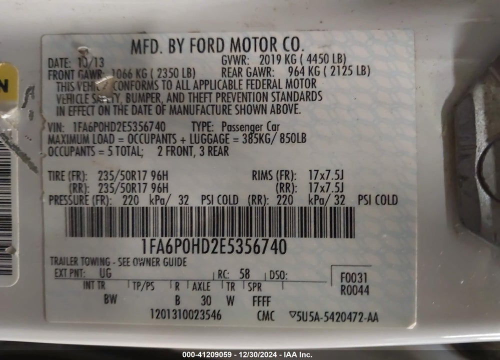 2014 FORD FUSION VIN: 1FA6P0HD2E5356740