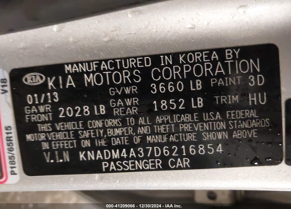 2013 KIA RIO LX VIN: KNADM4A37D6216854